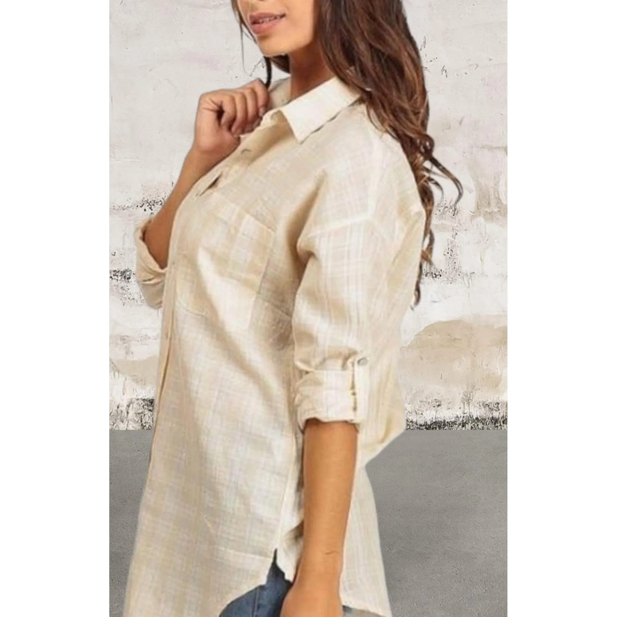 Button up cuffed quarter sleeve shirt