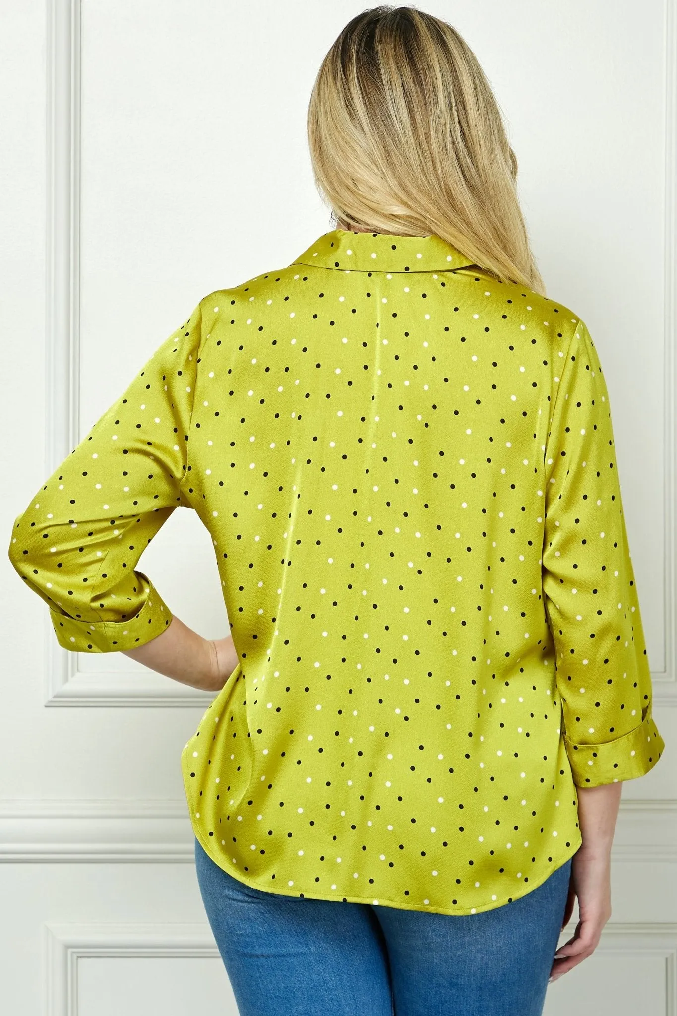 Chartreuse 3/4 Notch Sleeve Johnny Collar Button Front Top - Plus