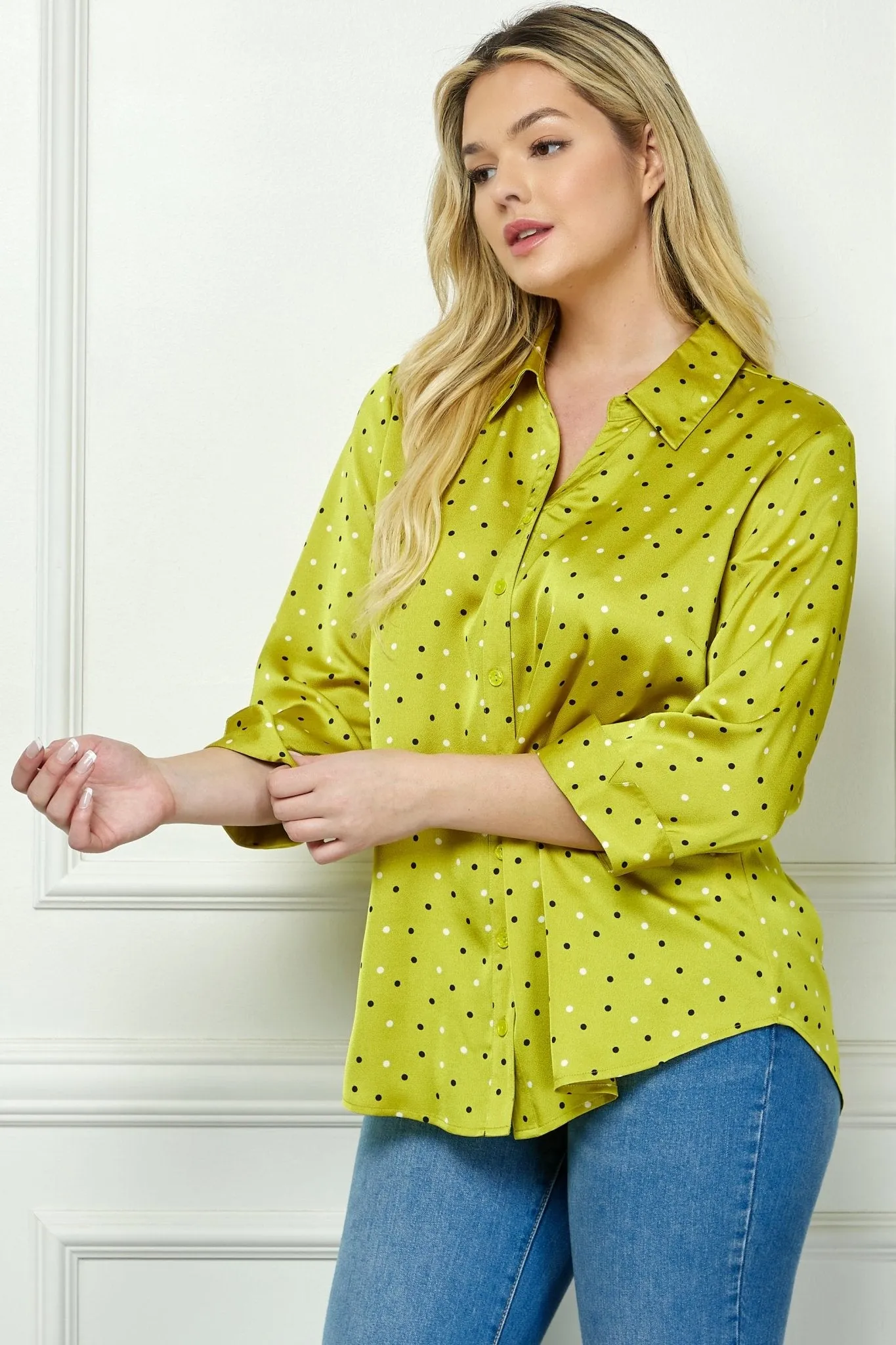 Chartreuse 3/4 Notch Sleeve Johnny Collar Button Front Top - Plus