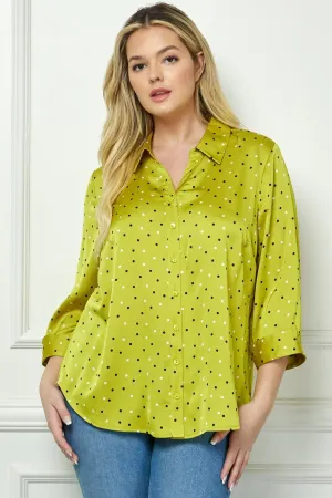 Chartreuse 3/4 Notch Sleeve Johnny Collar Button Front Top - Plus