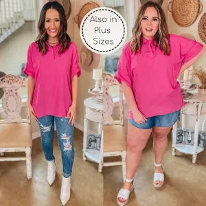 Chic Status Button and Collared Neckline Short Sleeve Top in Fuchsia