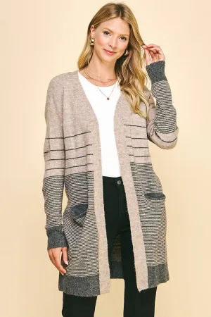 Color Block Stripe Open Cardigan in Oatmeal/Heather