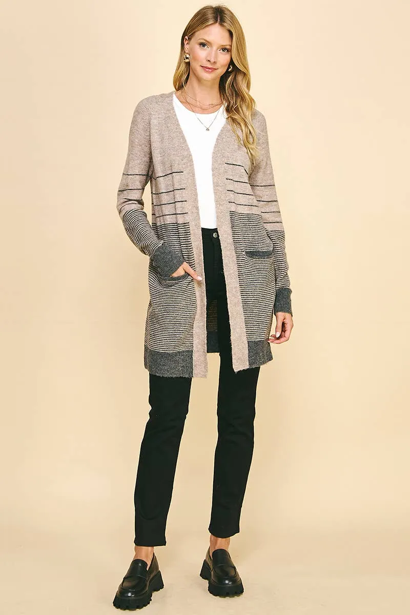 Color Block Stripe Open Cardigan in Oatmeal/Heather