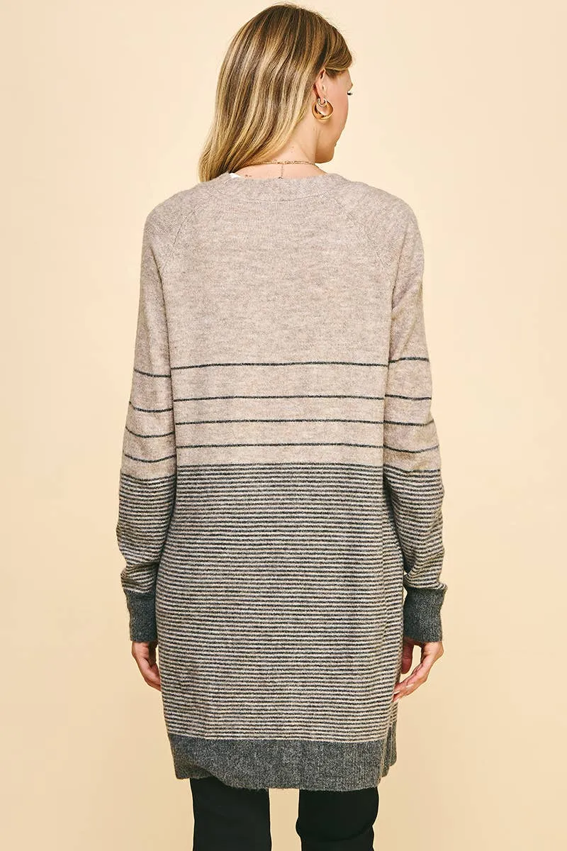 Color Block Stripe Open Cardigan in Oatmeal/Heather