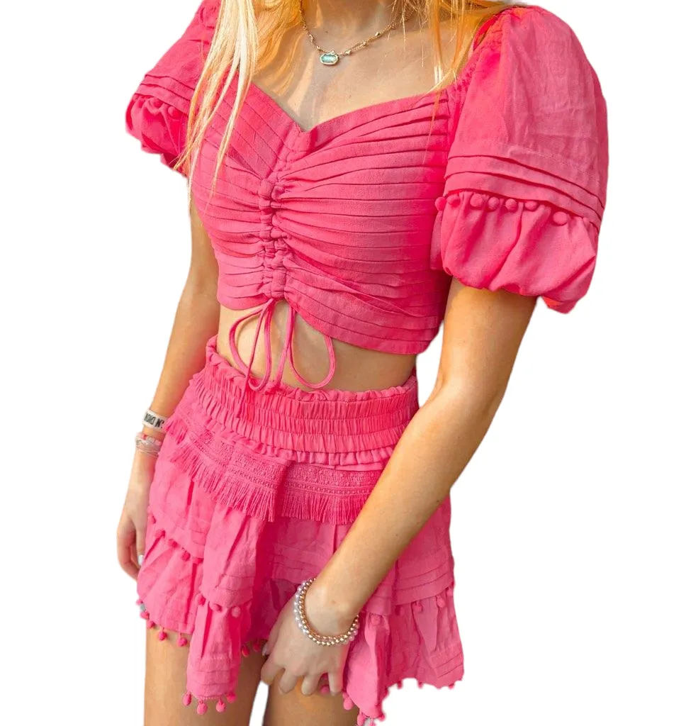 Coral Pink Ruffle Pom Pom Skirt