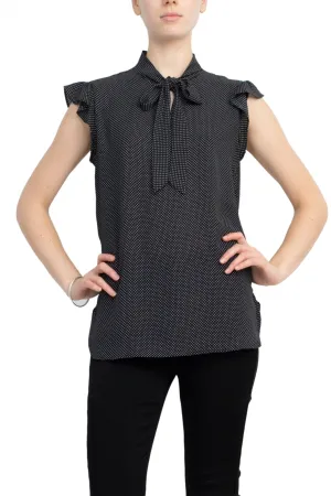 Counterparts Tie Neck Flutter Sleeve Mini Polka Dot Print Crepe Top