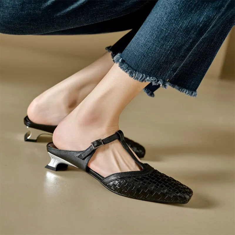 Cow Leather Weaving Mule Slippers For Women in Black/Beige/Apricot