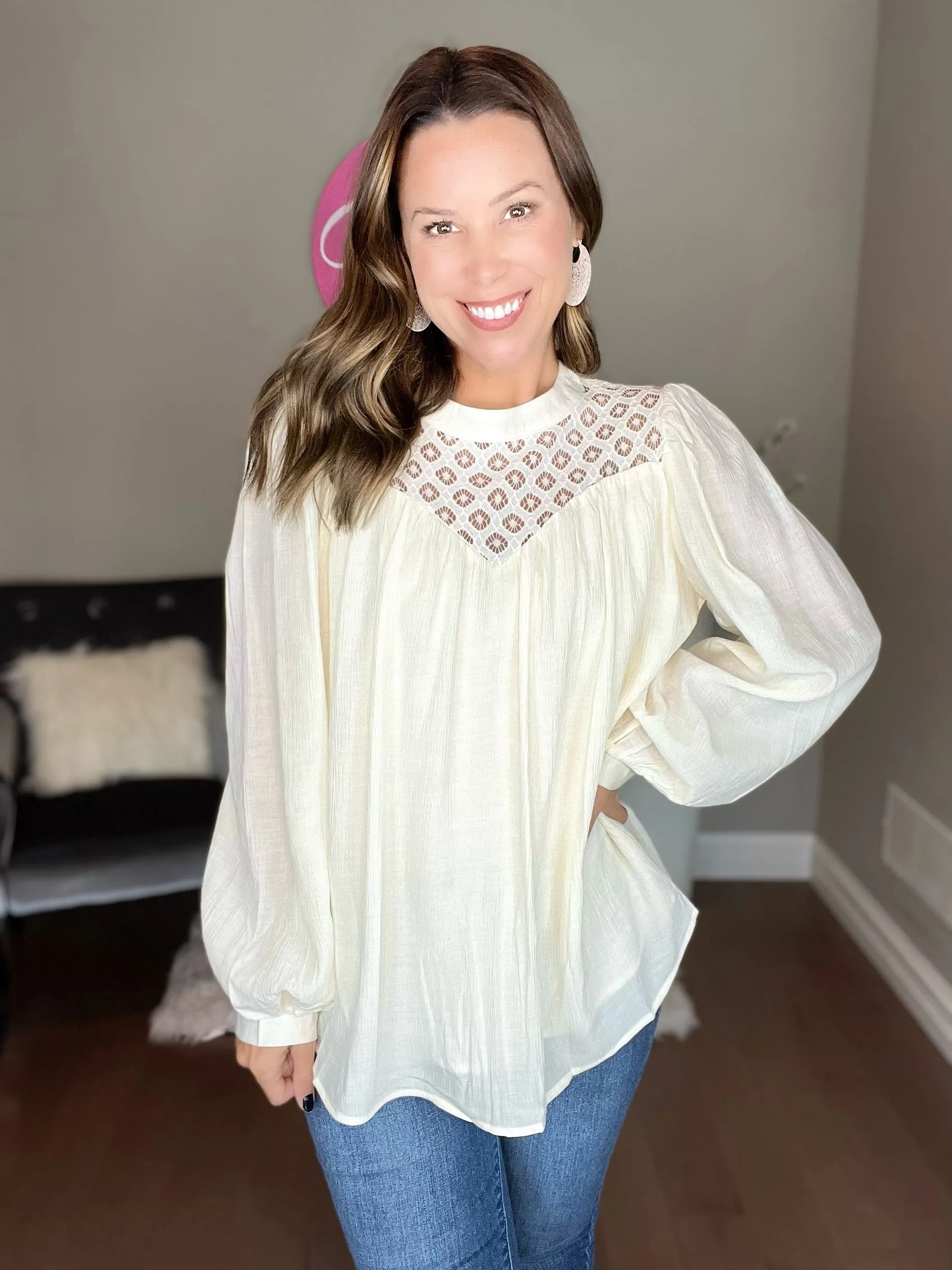 Crochet Lace Textured Balloon Sleeve Blouse with FREE EARRINGS