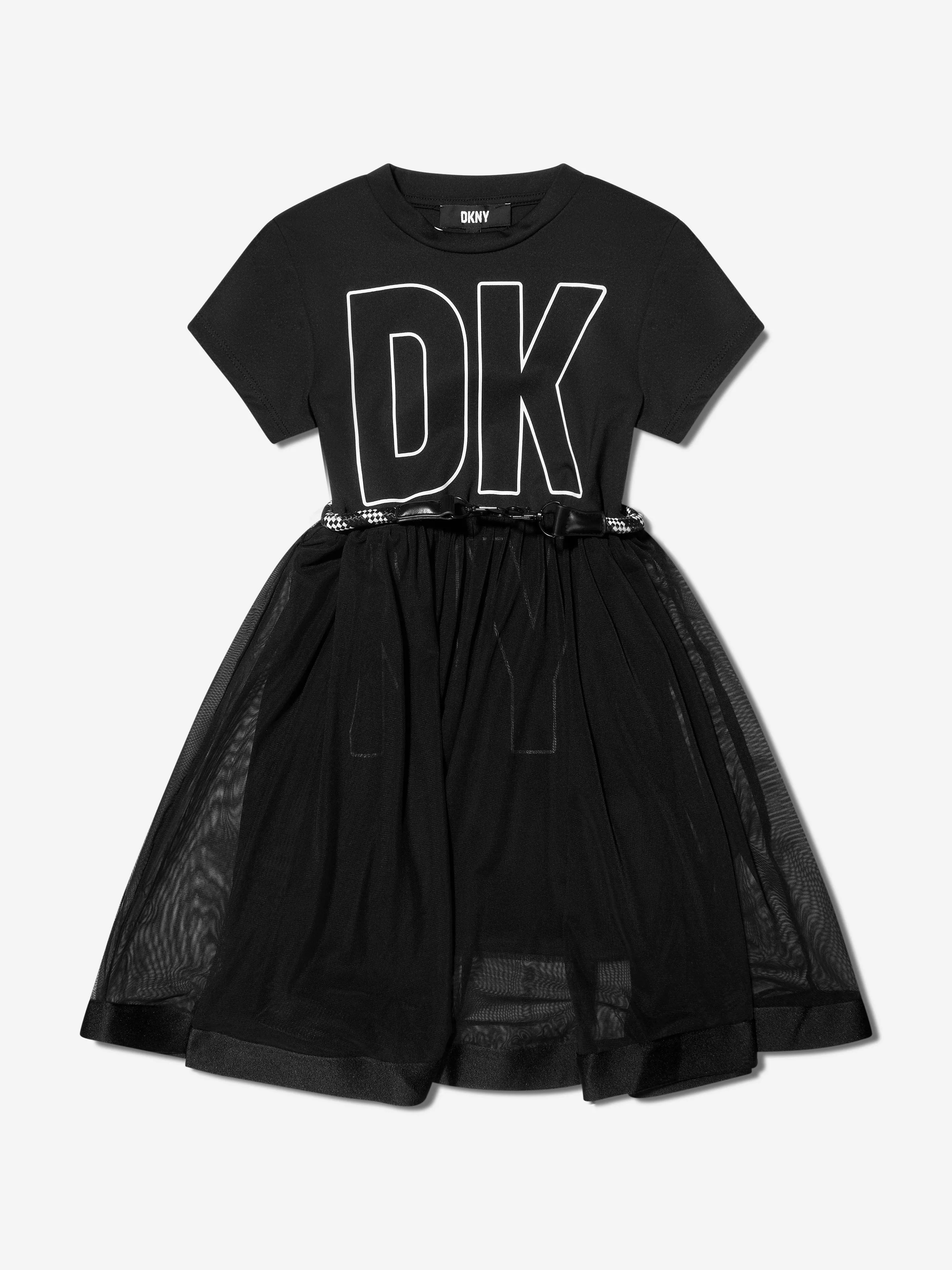 DKNY Girls Layered Dress With Belt in Black