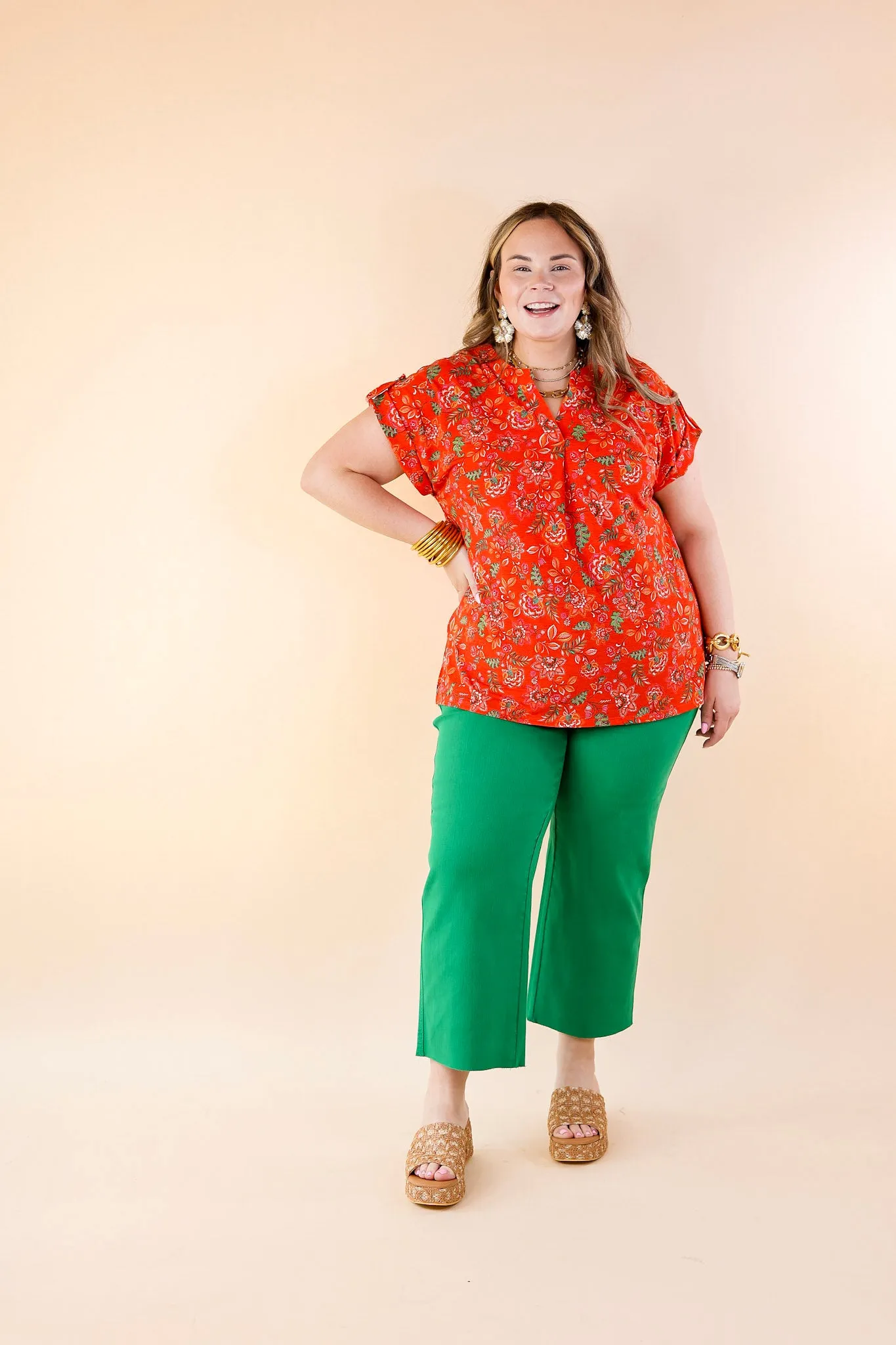 Downtown Darling Floral Print Short Sleeve Tunic Top in Red Mix