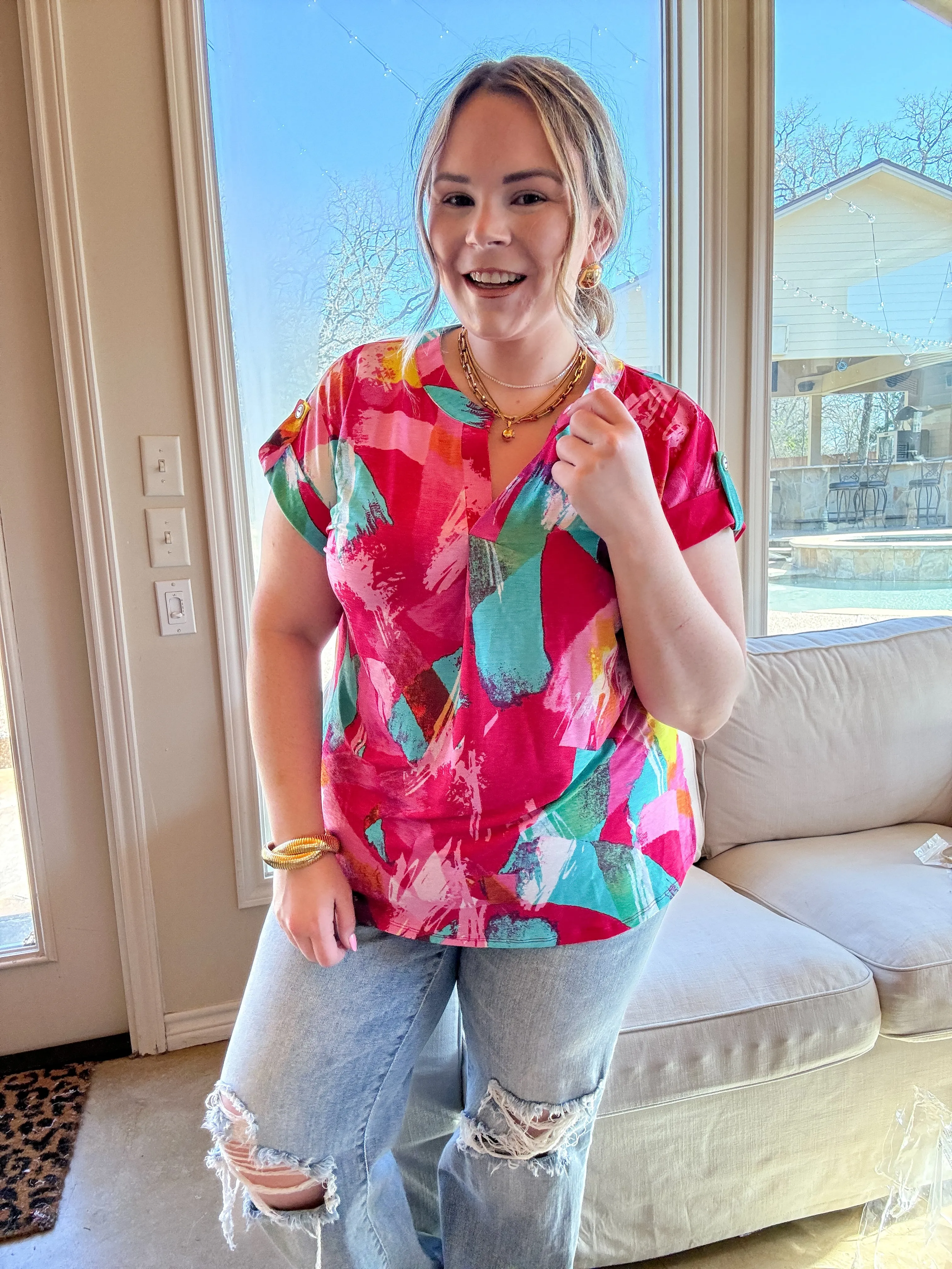 Downtown Darling Watercolor Short Sleeve Tunic Top in Pink Mix