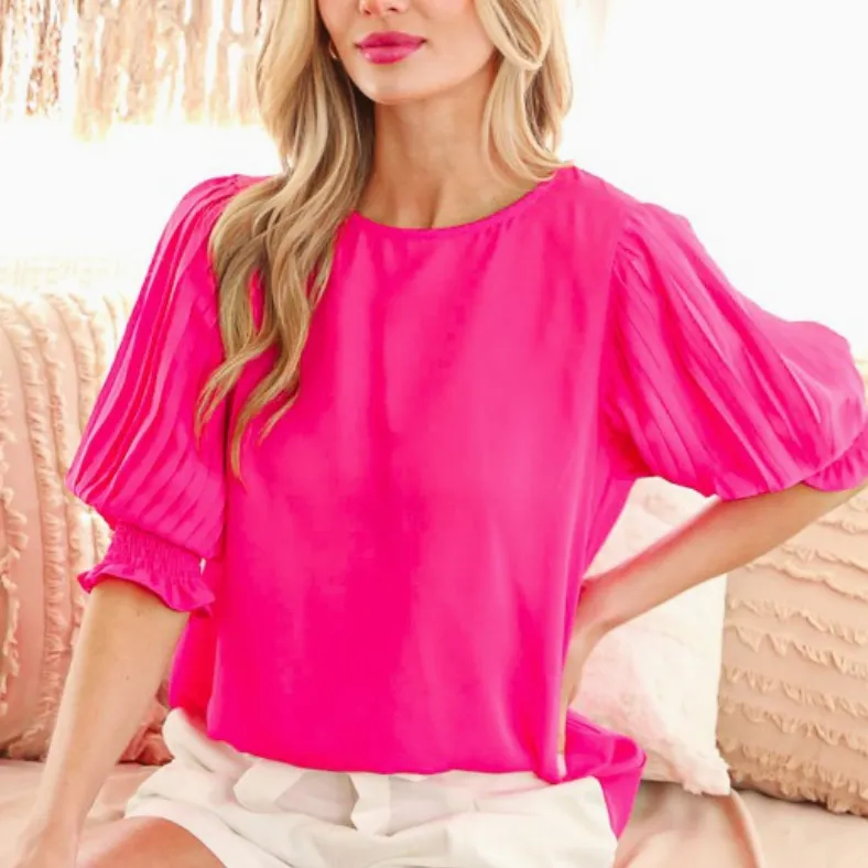 Elissa Round Neckline Pleated Sleeve Top