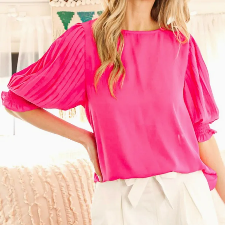 Elissa Round Neckline Pleated Sleeve Top