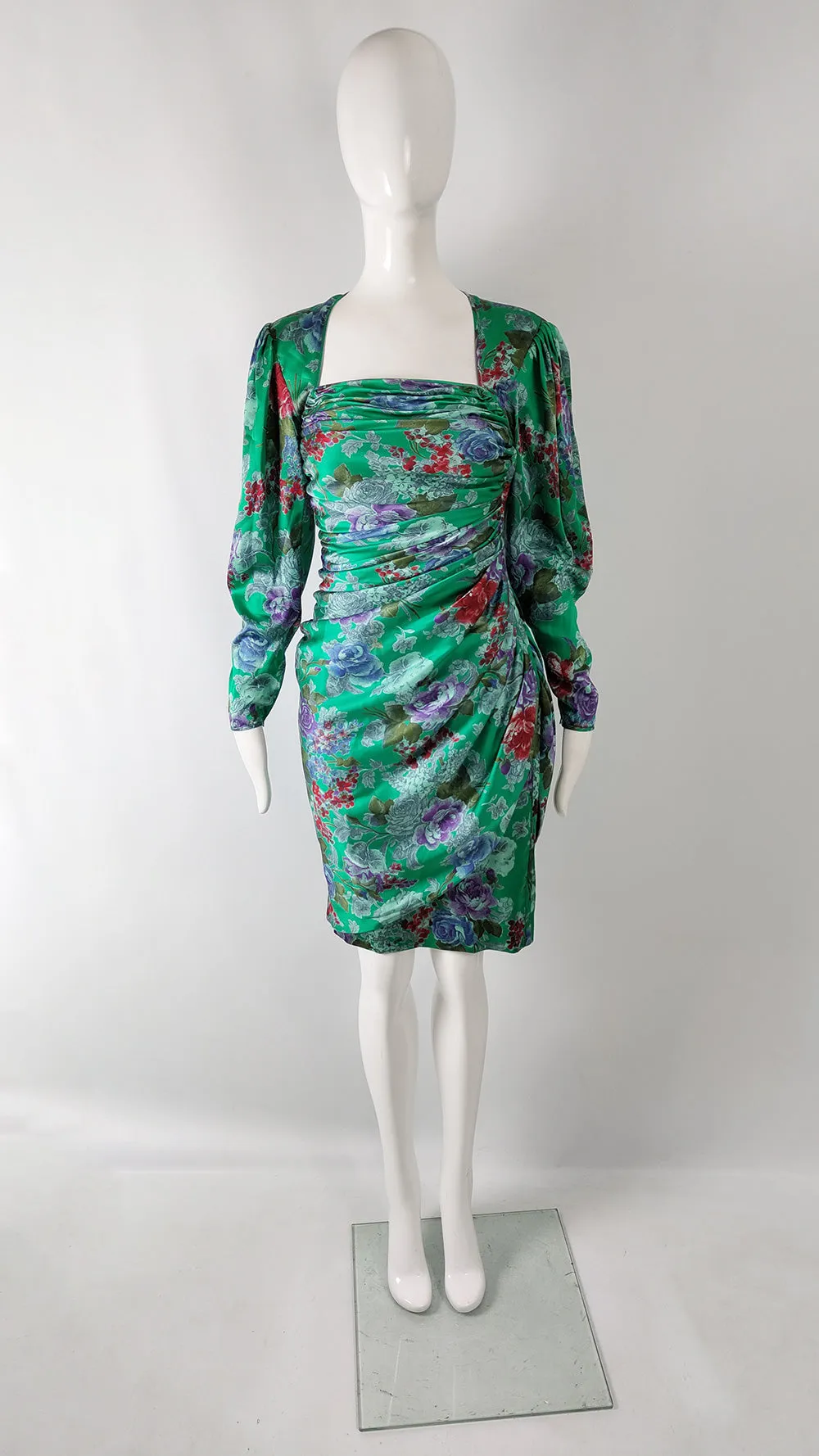 Emanuel Ungaro Vintage Green Silk Satin Ruched Dress, 1980s