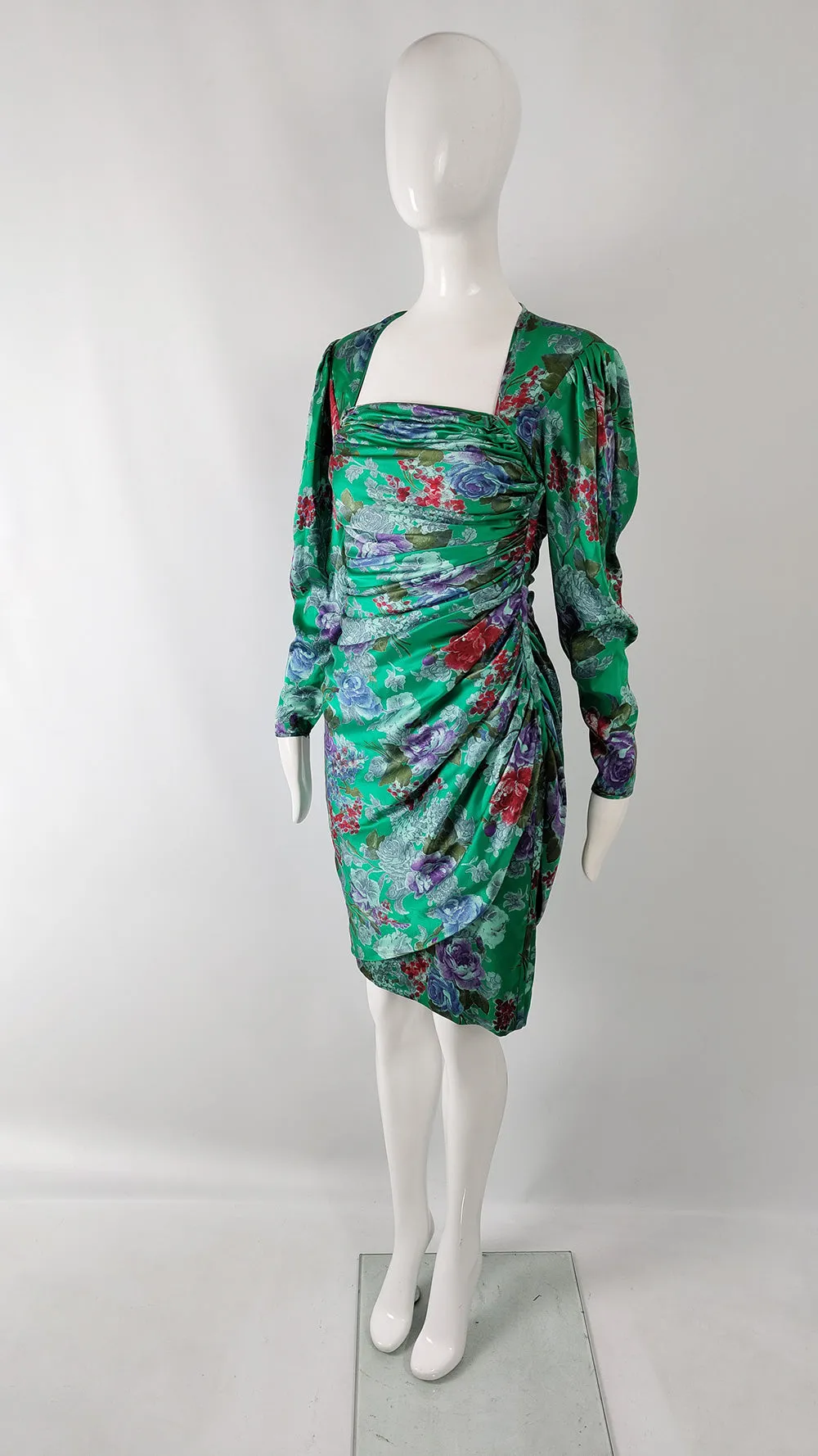 Emanuel Ungaro Vintage Green Silk Satin Ruched Dress, 1980s