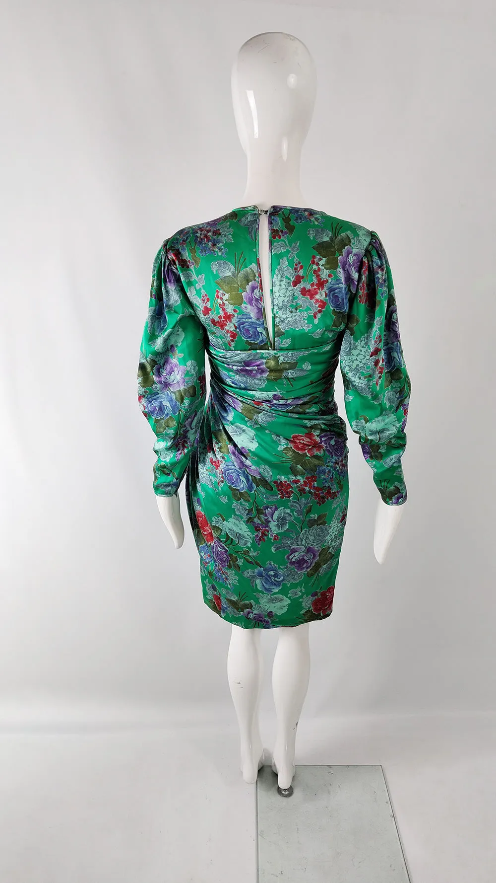 Emanuel Ungaro Vintage Green Silk Satin Ruched Dress, 1980s