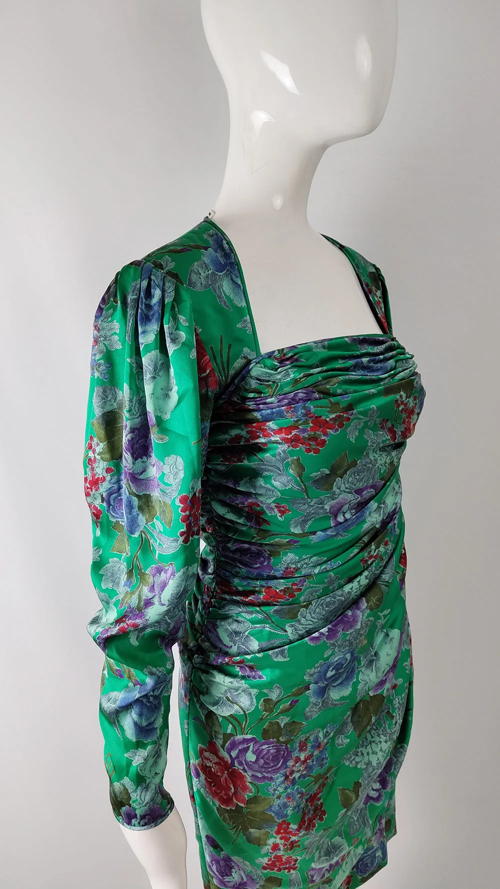 Emanuel Ungaro Vintage Green Silk Satin Ruched Dress, 1980s