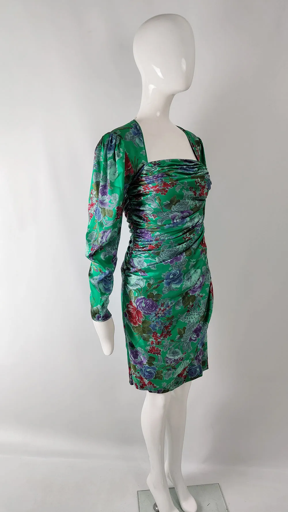 Emanuel Ungaro Vintage Green Silk Satin Ruched Dress, 1980s