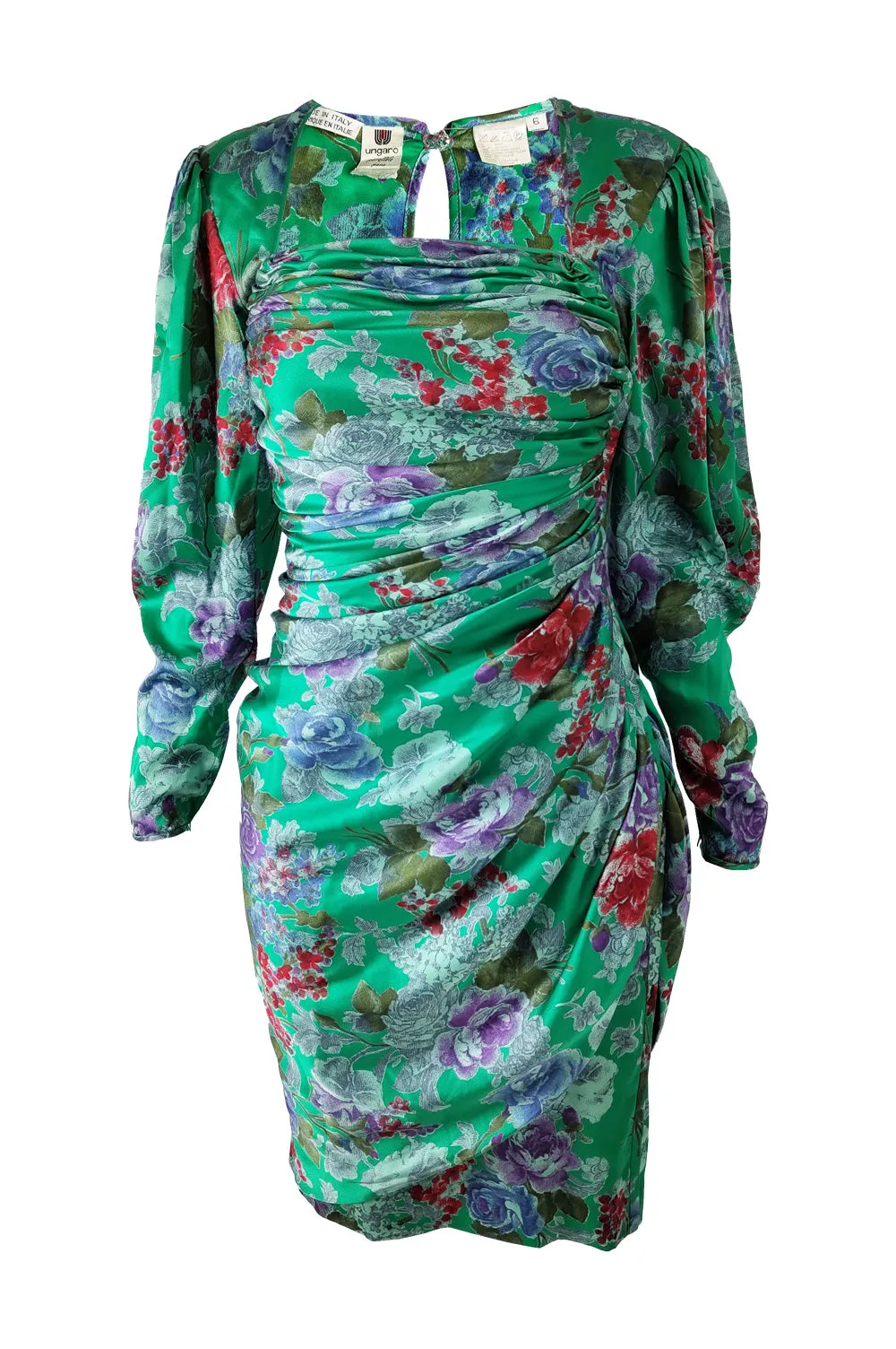 Emanuel Ungaro Vintage Green Silk Satin Ruched Dress, 1980s