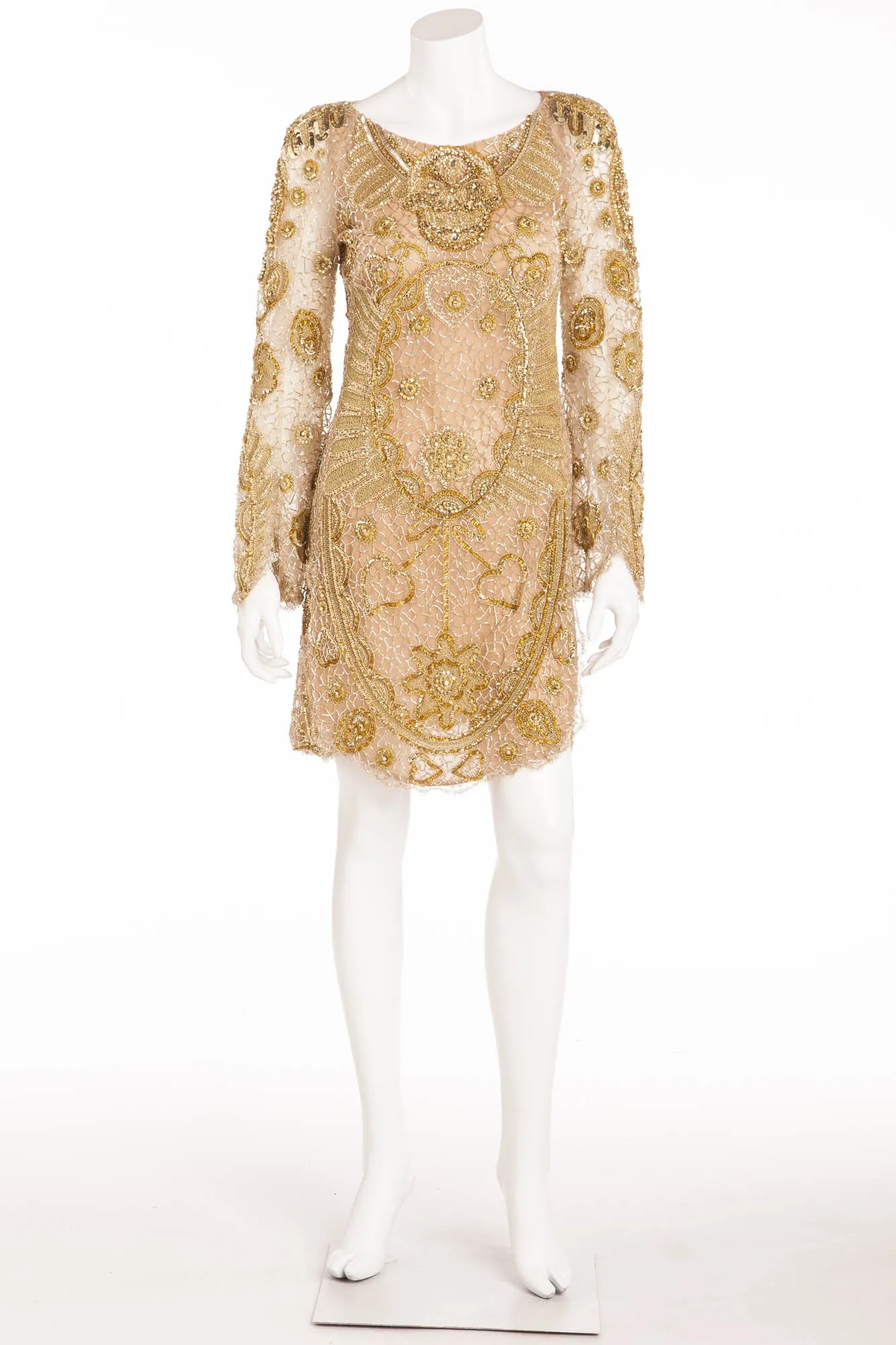 Emilio Pucci - Nude Long Sleeve Gold Beaded Skull Face Dress - IT 42