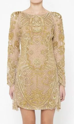 Emilio Pucci - Nude Long Sleeve Gold Beaded Skull Face Dress - IT 42