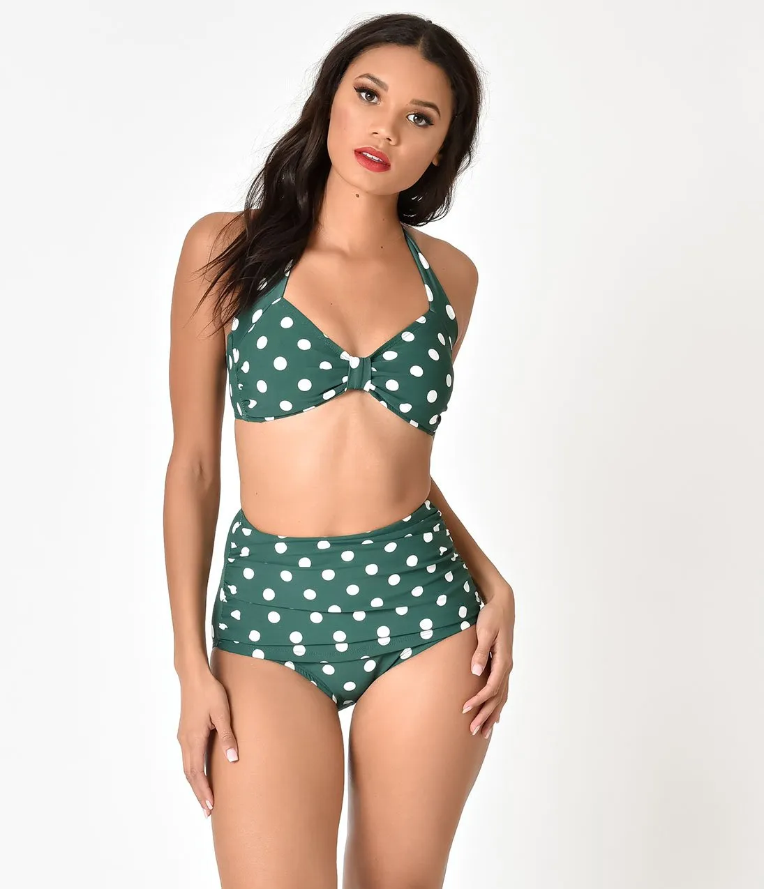 Esther Williams Retro 1950s Style Green & White Dot Halter Swim Top