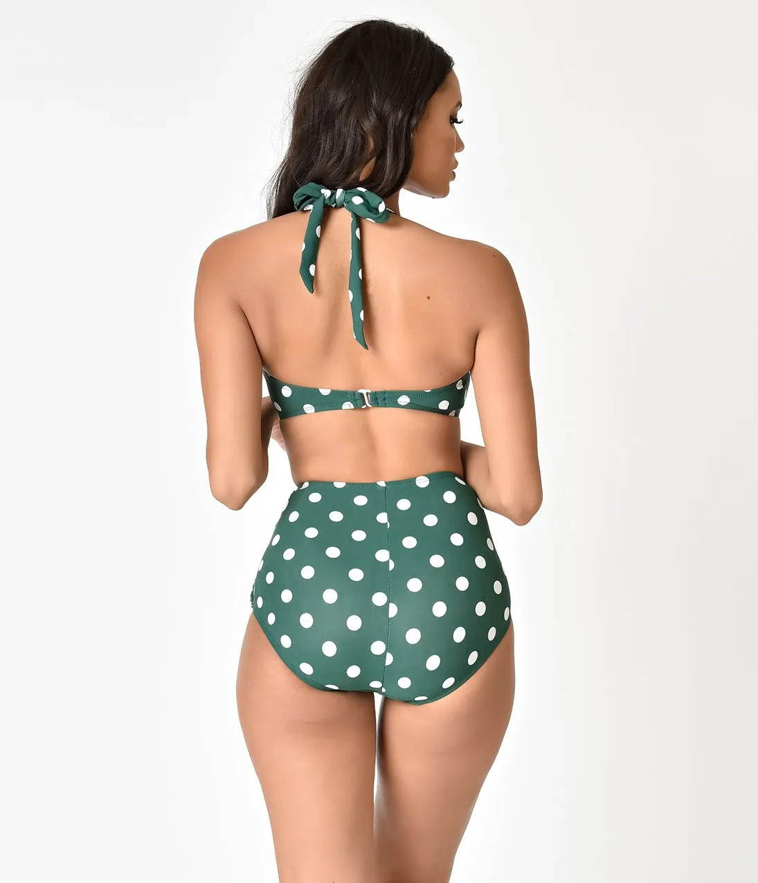 Esther Williams Retro 1950s Style Green & White Dot Halter Swim Top