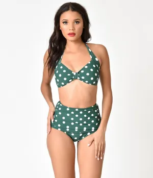 Esther Williams Retro 1950s Style Green & White Dot Halter Swim Top