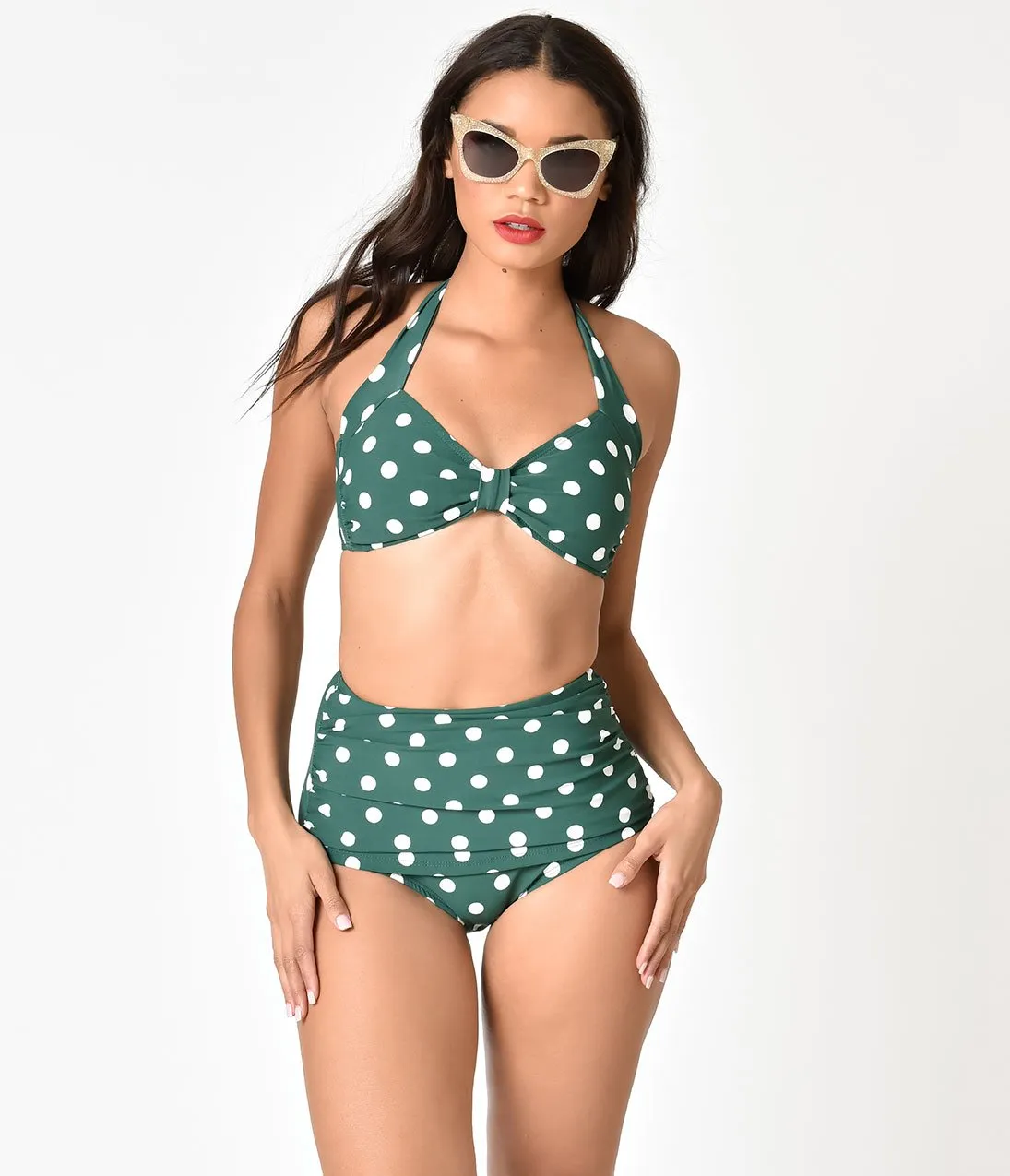 Esther Williams Retro 1950s Style Green & White Dot Halter Swim Top