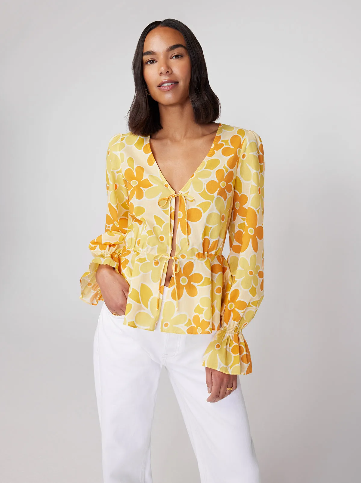 Etta Yellow Floral Print Tie Front Top