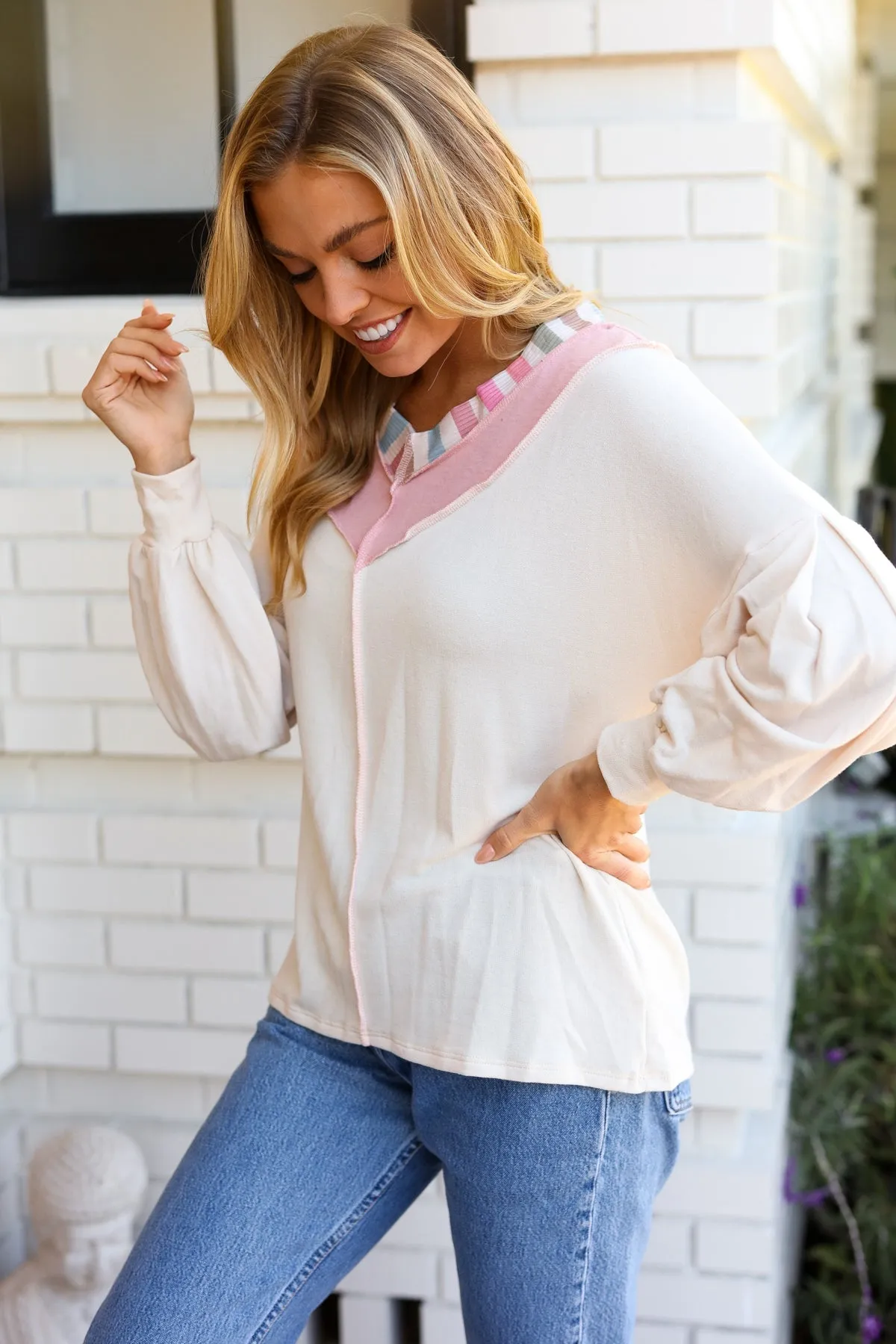 Explore More Collection - Champagne & Blush Rainbow Stripe Rib Chevron Top