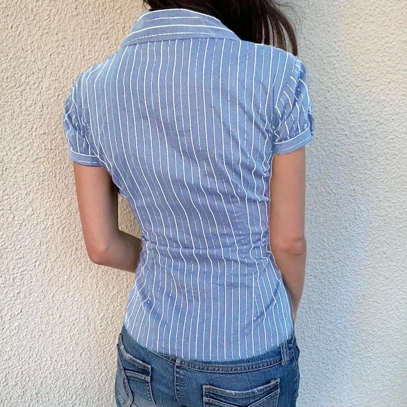 Fashion Chic Stripe Slim Summer Blouse Women Tops Short Sleeve Buttons-Up Shirt Cardigan Y2K Aesthetic Retro Outfits