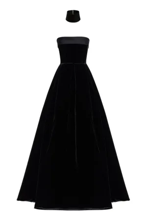 Flytonn- Regal Choker Fold Over Strapless Fit & Flare Velvet Evening Maxi Dress