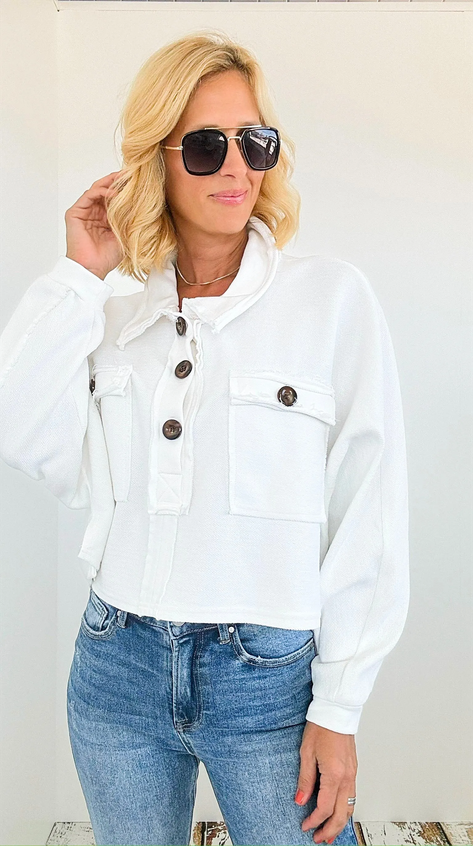 French Terry Buttoned Down Top - Off White