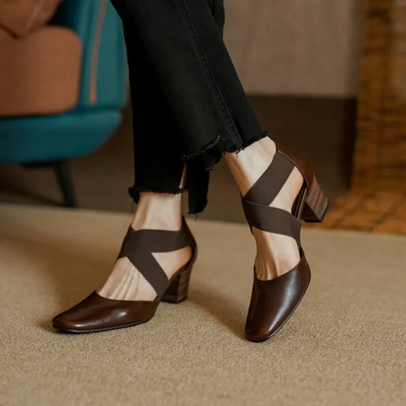 Genuine Leather Square Toe X Strap Mary Jane Pumps in Black/Beige/Coffee/Yellow