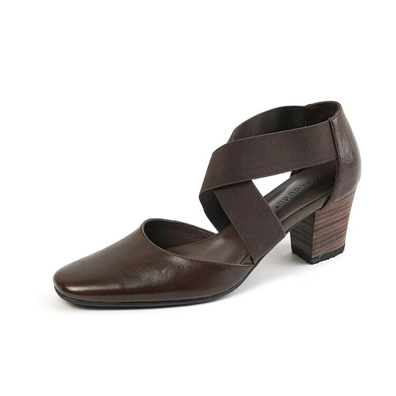 Genuine Leather Square Toe X Strap Mary Jane Pumps in Black/Beige/Coffee/Yellow