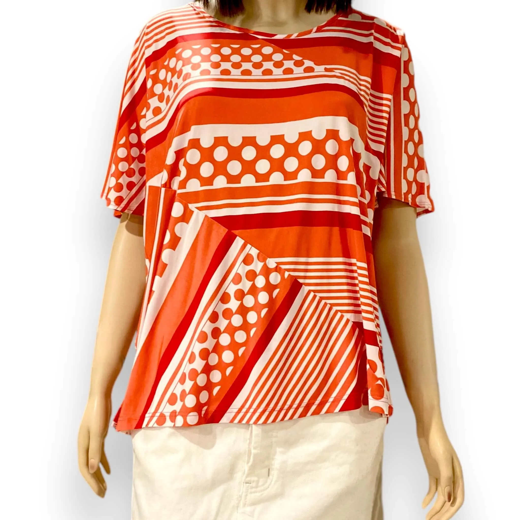 Geometric Orange Stripes White Dots Top