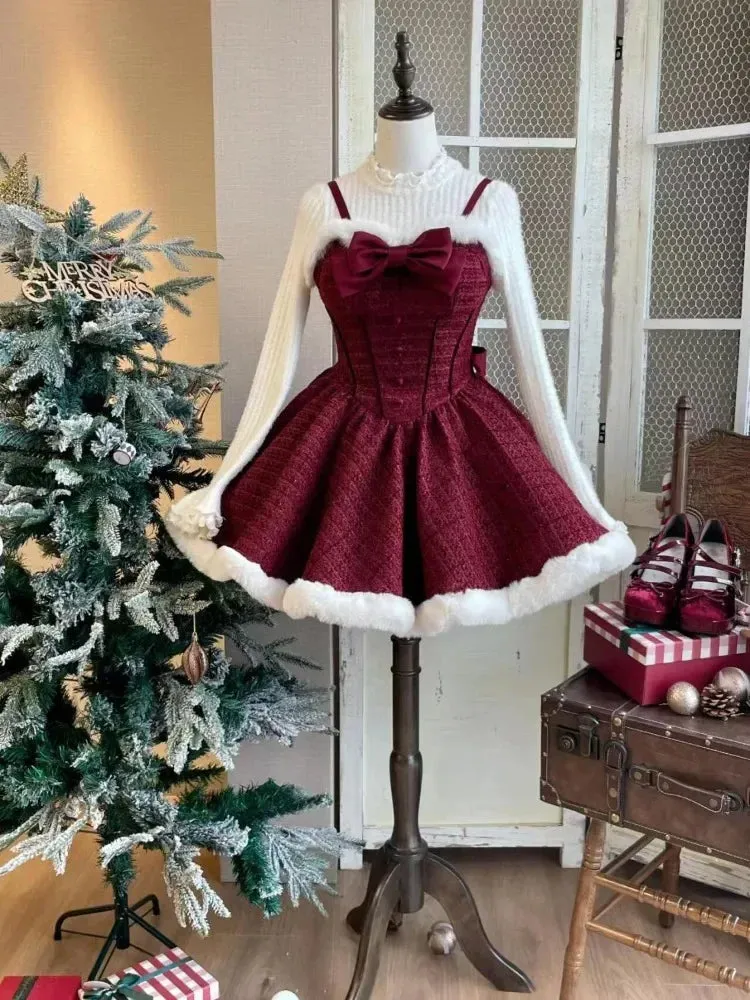 Girlary Christmas New Year 3 Piece Set Sweet Lolita Style Dress Sets Womens Elegant Chic Bow Plush Shawl Short Jackets Mini Skirts Suit