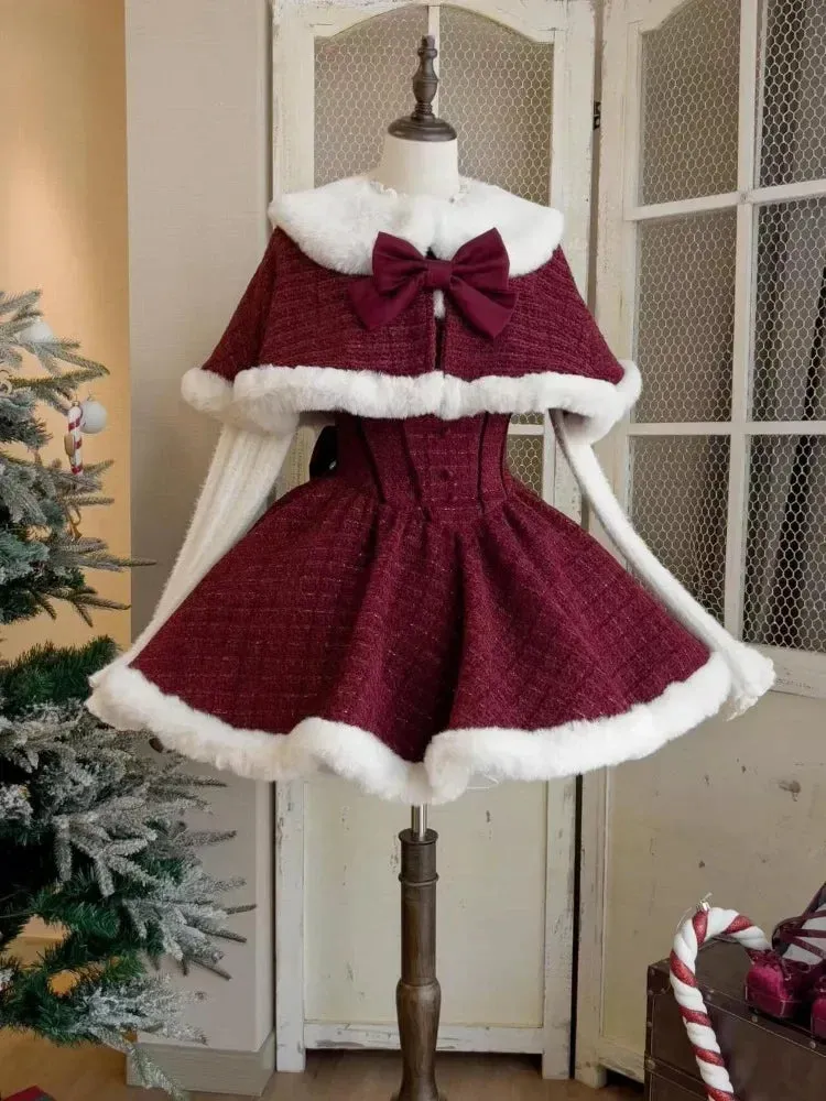 Girlary Christmas New Year 3 Piece Set Sweet Lolita Style Dress Sets Womens Elegant Chic Bow Plush Shawl Short Jackets Mini Skirts Suit