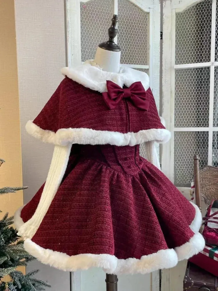 Girlary Christmas New Year 3 Piece Set Sweet Lolita Style Dress Sets Womens Elegant Chic Bow Plush Shawl Short Jackets Mini Skirts Suit