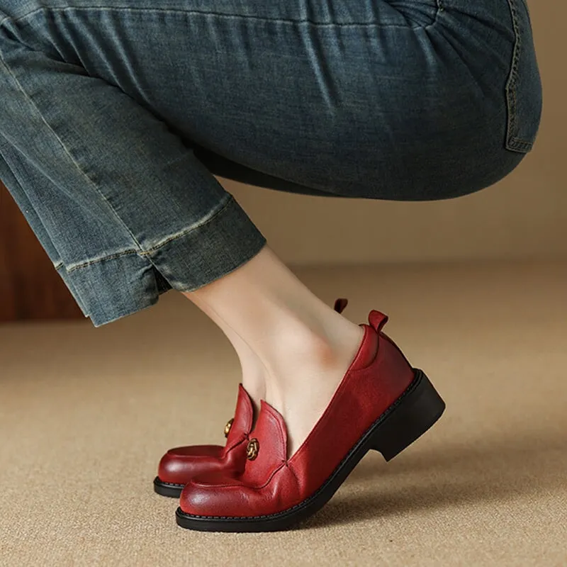 Handcrafted Retro Elegant Round Toe Red Large Size Loafers for Women