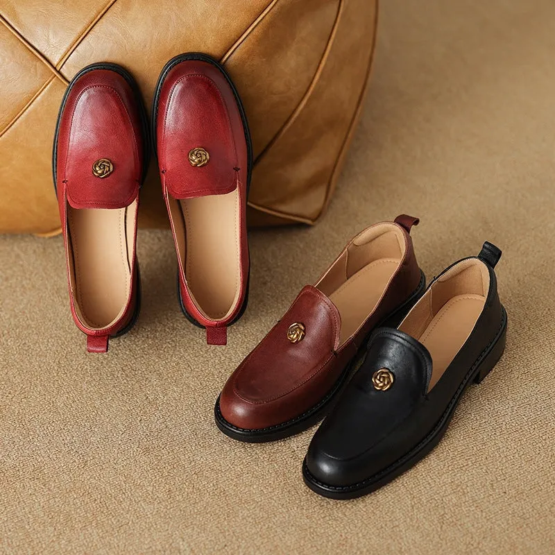 Handcrafted Retro Elegant Round Toe Red Large Size Loafers for Women