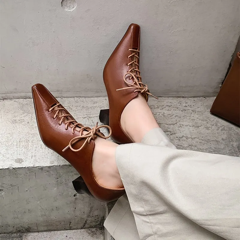 Handmade Leather Lace-Up Casual Shoes Retro Block Oxfords in Brown/Black/Beige