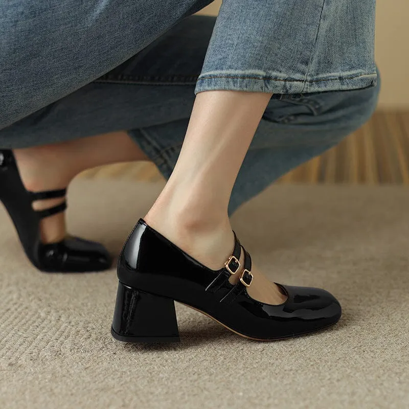 Handmade Leather Mary Jane Pumps Strappy Block Heel Office Shoes in Red/Black