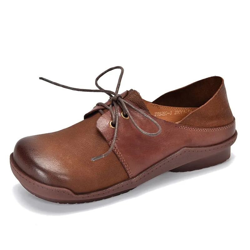 Handmade Soft Leather Lace Up Flat Oxford Shoes Color Blocking in Coffee/Khaki