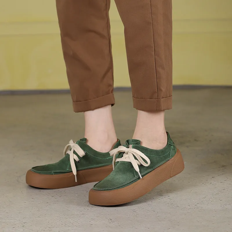 Handmade Soft Leather Lace Up Platform Oxford Shoes Coffee/Green