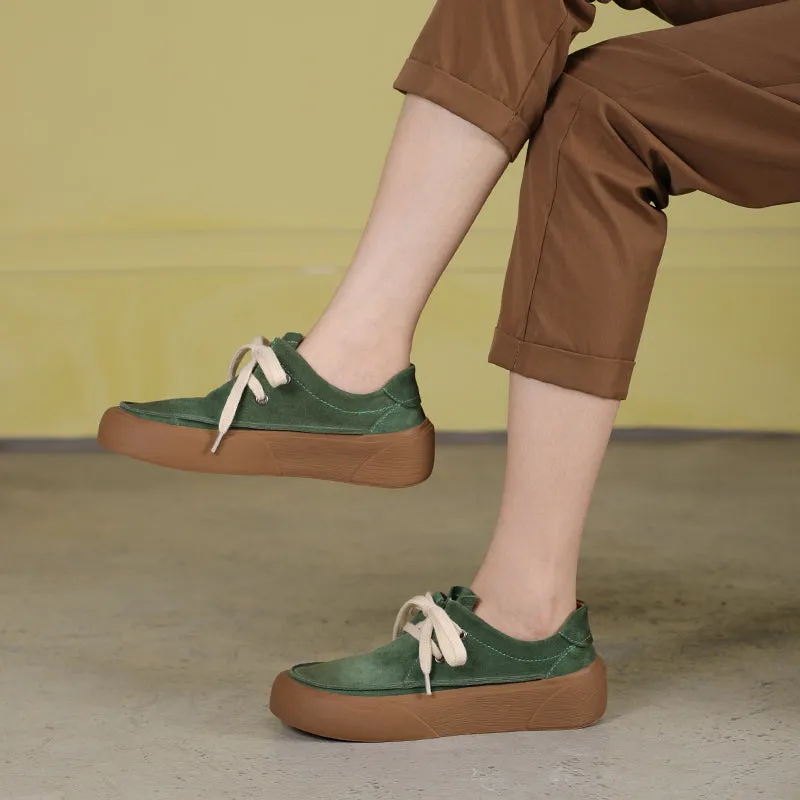 Handmade Soft Leather Lace Up Platform Oxford Shoes Coffee/Green