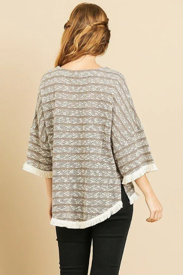 Heathered Striped Knit Bell Sleeve Round Neck Top in Khaki