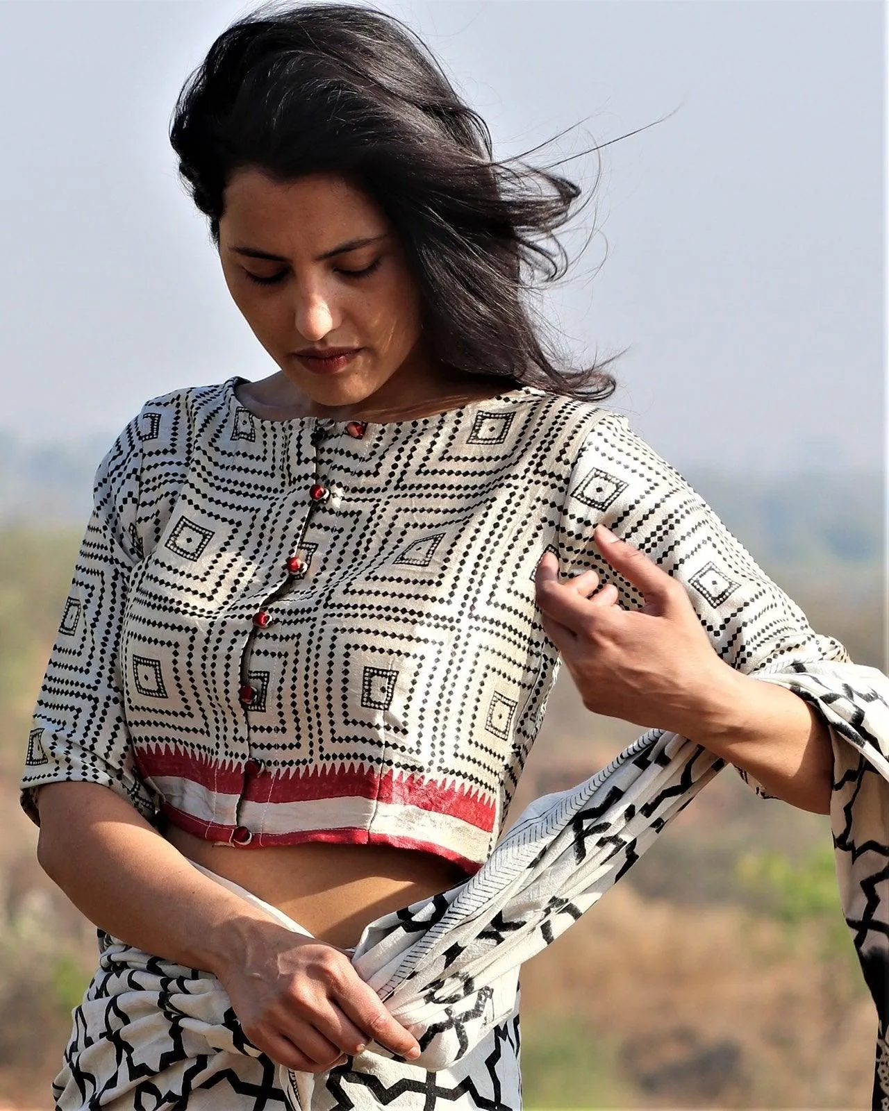 Ivory Checked Mashru Silk Blouse