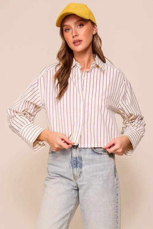 Ivory/Pink Striped Cropped Button Down Shirt